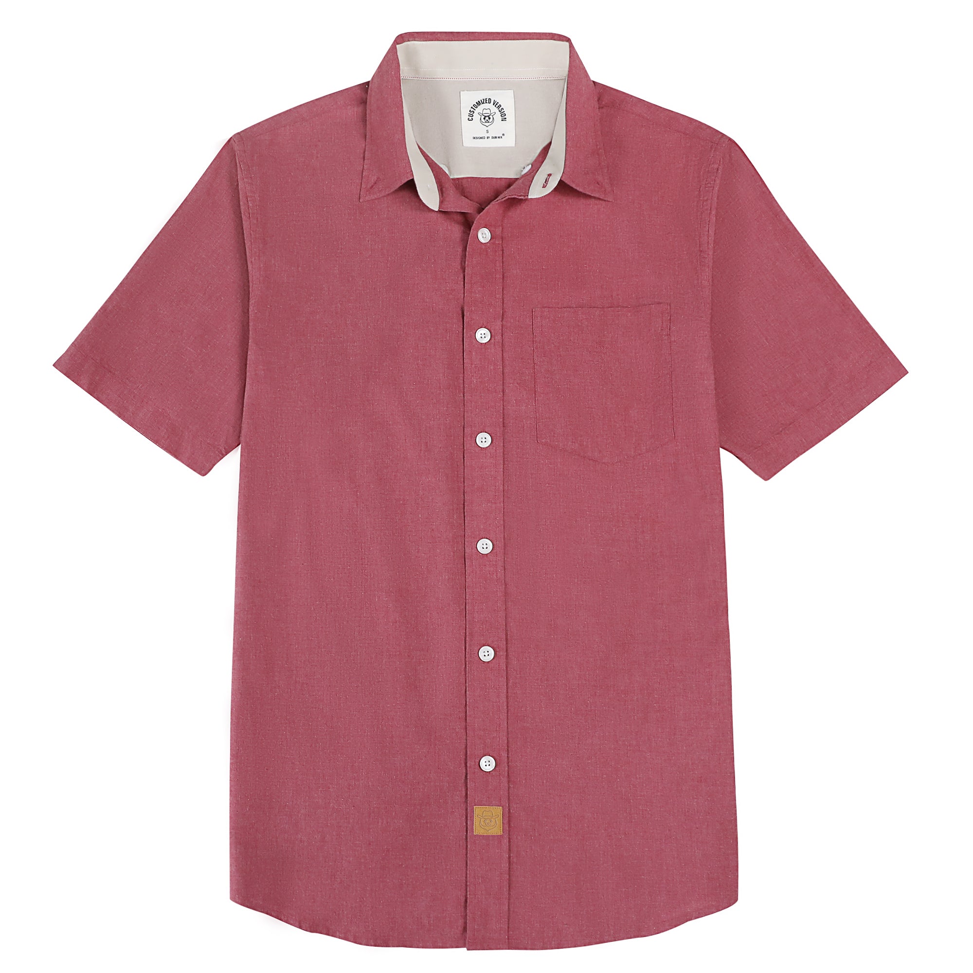 Dubinik® Jujube Red Solid Mens Short Sleeve Button Down Shirts 100% Cotton Plaid Men's Casual Button-Down Shirts with Pocket#011507