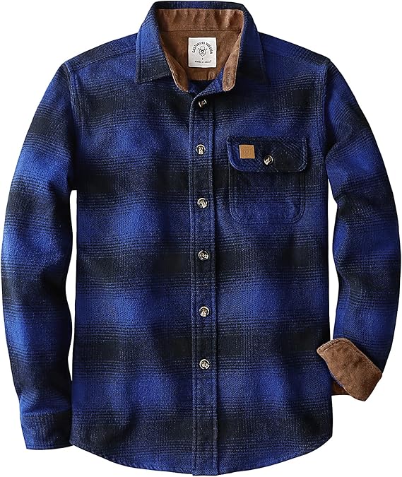 Dubinik® Mens Flannel Shirts Long Sleeve Casual Button Down Heavyweight Soft Pure Cotton Plaid Warm Suede Cuffs#0082002