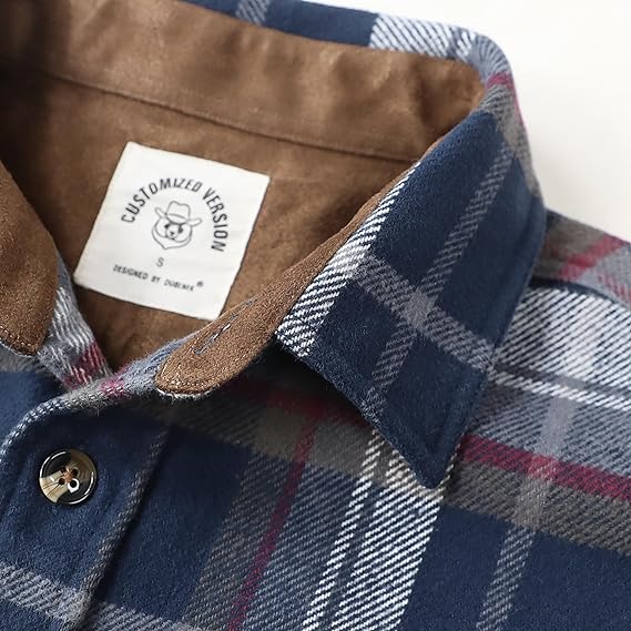 Dubinik® Mens Flannel Shirts Long Sleeve Casual Button Down Heavyweight Soft Pure Cotton Plaid Warm Suede Cuffs#0082005