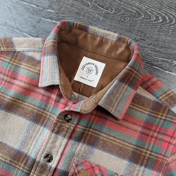Dubinik® Mens Flannel Shirts Long Sleeve Casual Button Down Heavyweight Soft Pure Cotton Plaid Warm Suede Cuffs#0082010