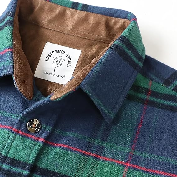 Dubinik® Mens Flannel Shirts Long Sleeve Casual Button Down Heavyweight Soft Pure Cotton Plaid Warm Suede Cuffs#0082016