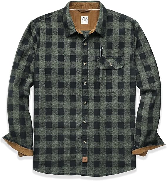 Mens Midweight Flannel Shirts Long Sleeve Casual Button Down Brushed 100% Cotton Shirt#10108