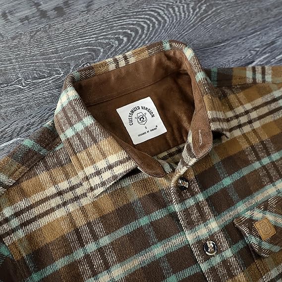 Dubinik® Mens Flannel Shirts Long Sleeve Casual Button Down Heavyweight Soft Pure Cotton Plaid Warm Suede Cuffs#0082008