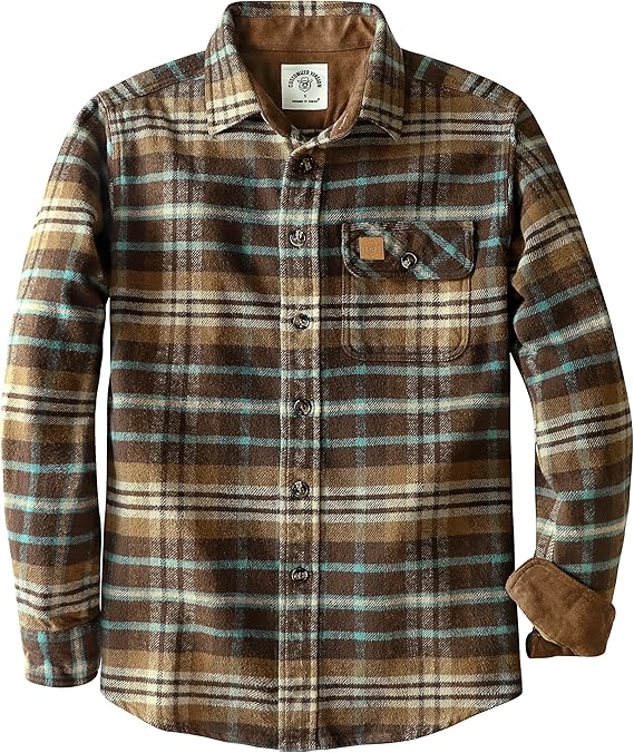 Dubinik® Mens Flannel Shirts Long Sleeve Casual Button Down Heavyweight Soft Pure Cotton Plaid Warm Suede Cuffs#0082008
