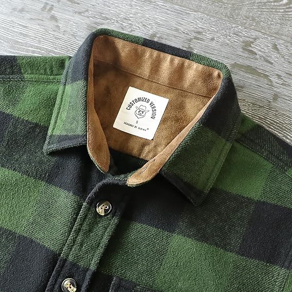 Dubinik® Mens Flannel Shirts Long Sleeve Casual Button Down Heavyweight Soft Pure Cotton Plaid Warm Suede Cuffs#0082017