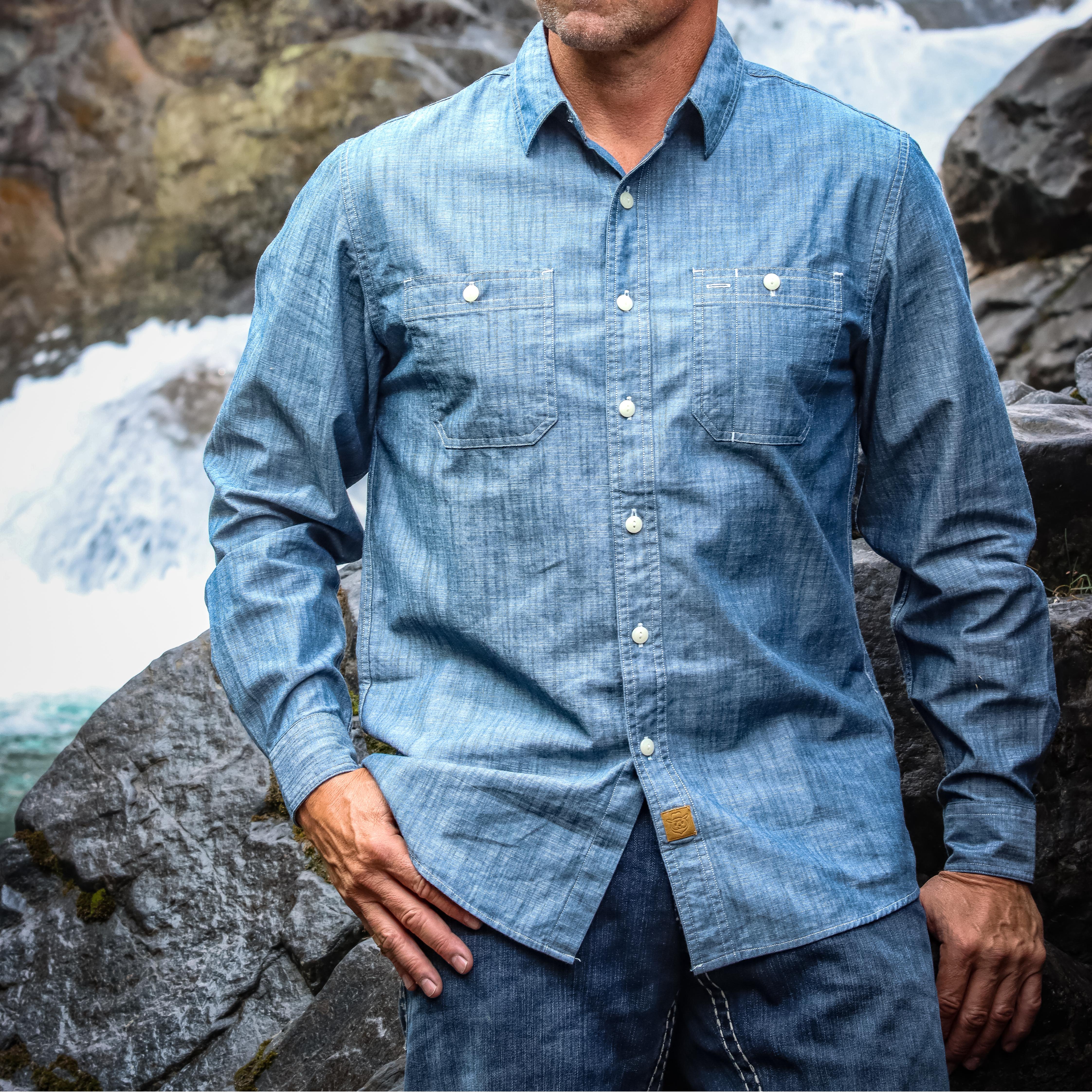 Dubinik® Denim Blue Chambray Long Sleeve Button-Front Closure Pocket Cotton Workshirt#58004 Tall size in stock now!