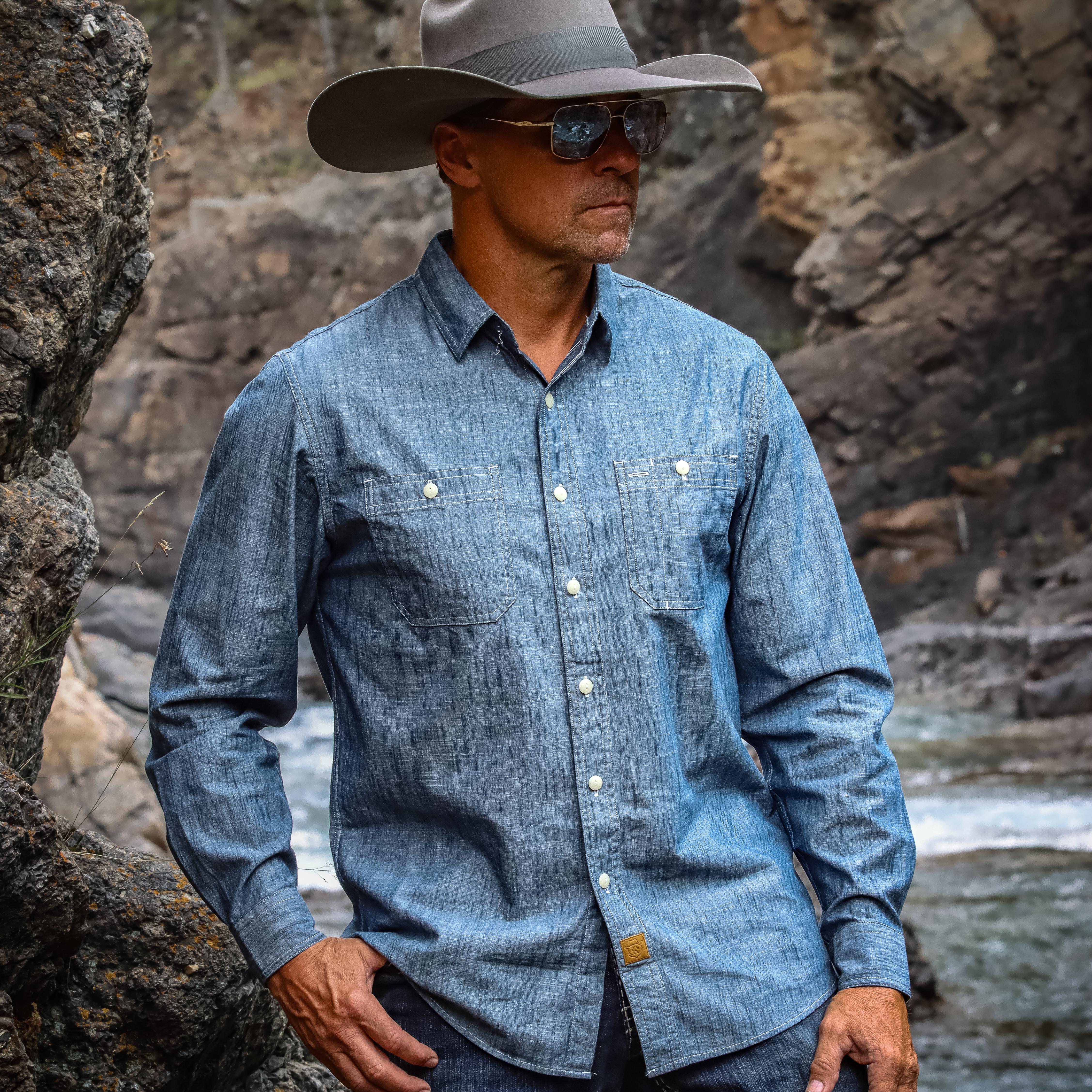 Dubinik® Denim Blue Chambray Long Sleeve Button-Front Closure Pocket Cotton Workshirt#58004 Tall size in stock now!