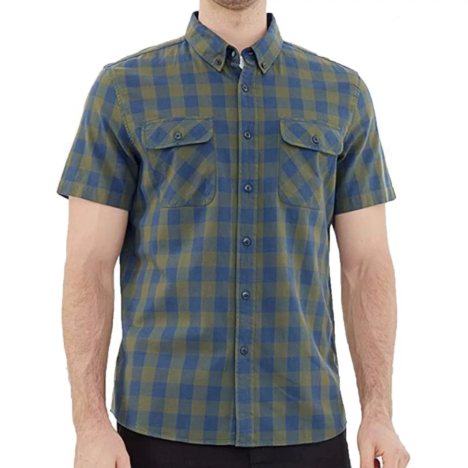 Dubinik® Herren-Button-Down-Hemden mit kurzen Ärmeln, 100 % Baumwolle, kariert, lässiges Button-Down-Hemd für Herren mit Tasche #02076 