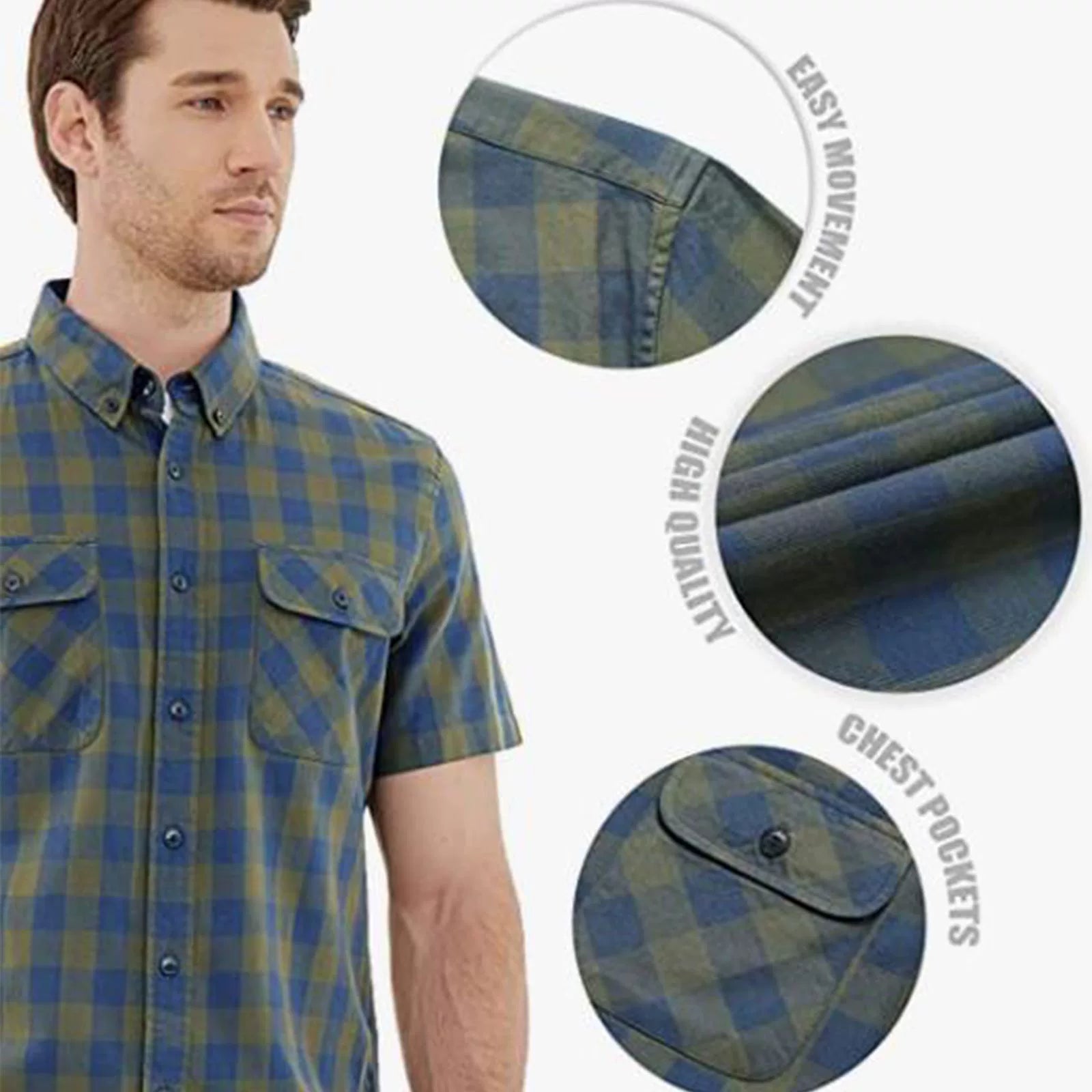 Dubinik® Herren-Button-Down-Hemden mit kurzen Ärmeln, 100 % Baumwolle, kariert, lässiges Button-Down-Hemd für Herren mit Tasche #02076 