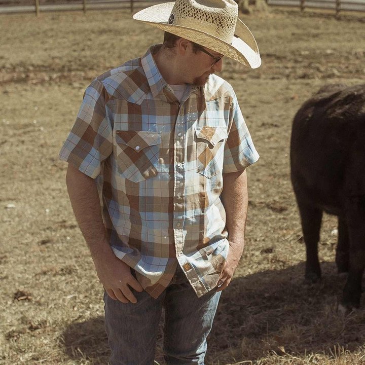 Chemise à manches courtes décontractée en fibre de bambou Dubinik® pour homme, style western cowboy, avec boutons-pression nacrés, motif écossais côtier, style vintage, #29701