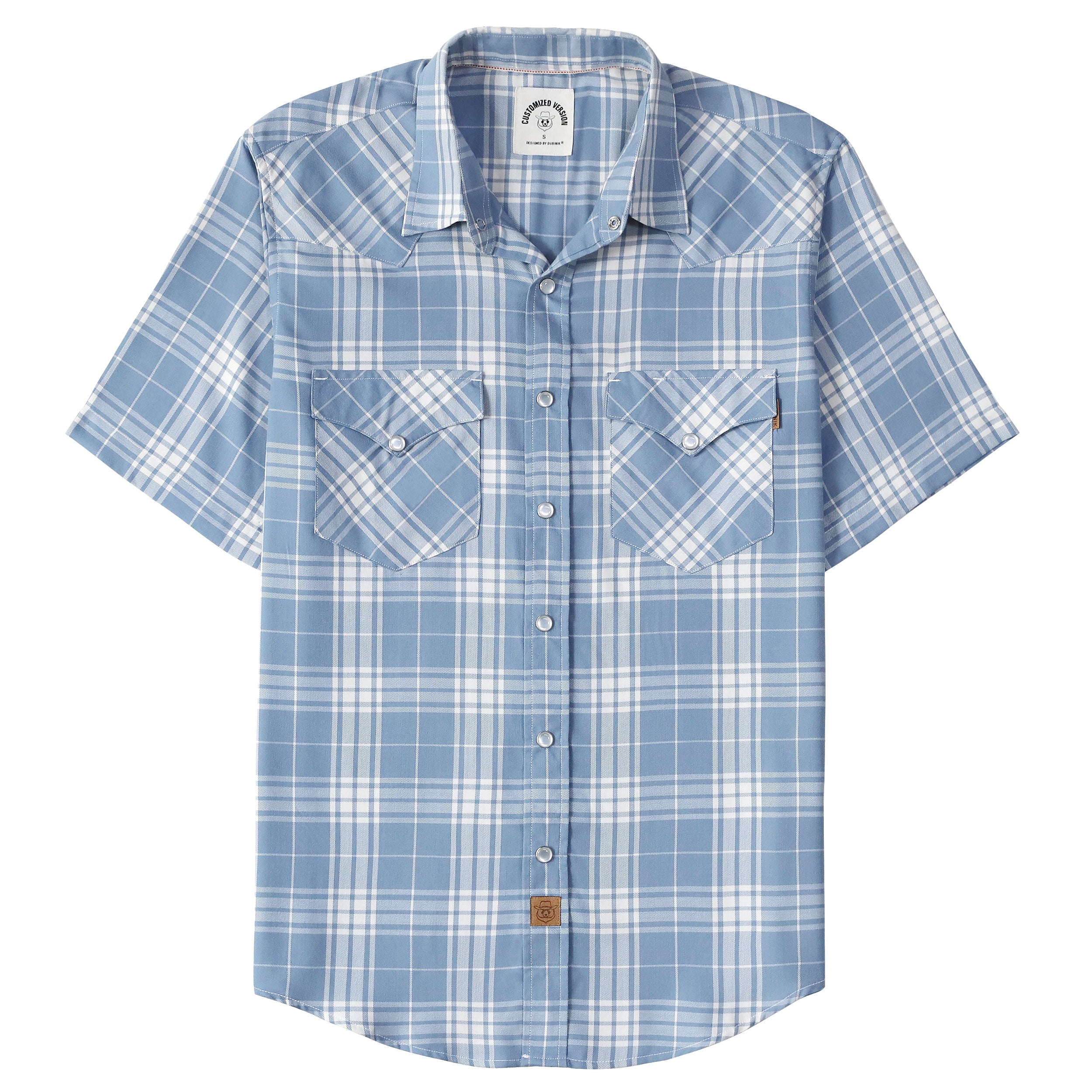 Chemise à manches courtes décontractée vintage en fibre de bambou Dubinik® pour homme, style cowboy western, à carreaux bleus et blancs, avec boutons-pression nacrés, #2914