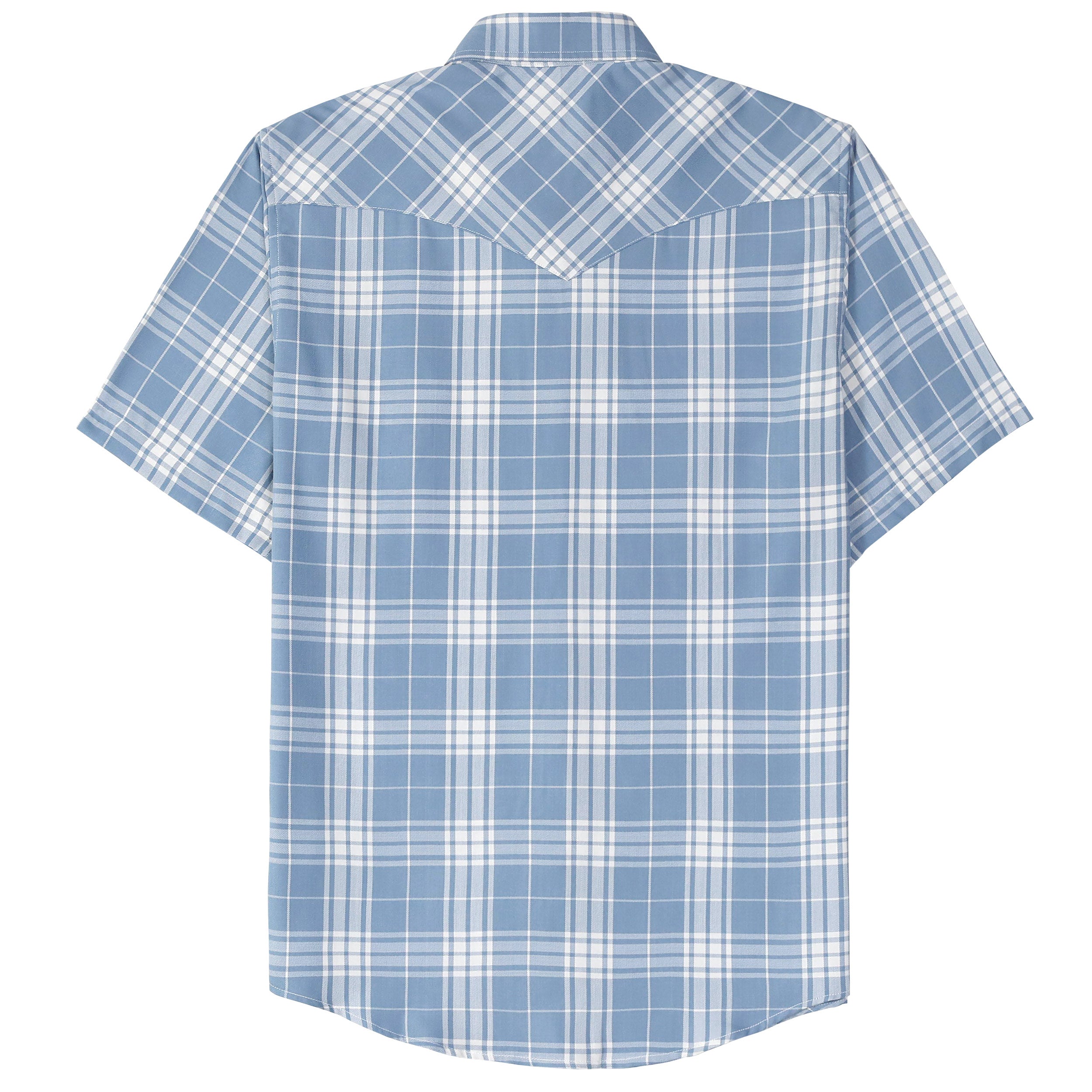 Chemise à manches courtes décontractée vintage en fibre de bambou Dubinik® pour homme, style cowboy western, à carreaux bleus et blancs, avec boutons-pression nacrés, #2914
